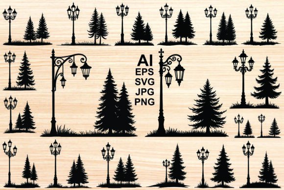 Download Set of Silhouette Lamp Posts and Tree - Posts Collection